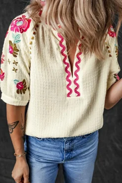 Hot Dear-Lover Floral Embroidered Ricrac Puff Sleeve Textured Blouse Beige