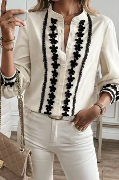 Fashion Dear-Lover Floral Embroidered Stand Neck Buttoned Shirt Beige
