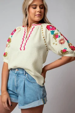Hot Dear-Lover Floral Embroidered Ricrac Puff Sleeve Textured Blouse Beige