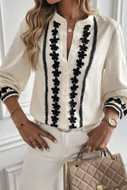 Fashion Dear-Lover Floral Embroidered Stand Neck Buttoned Shirt Beige