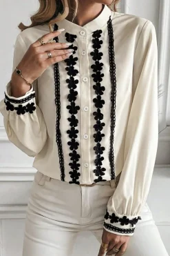 Fashion Dear-Lover Floral Embroidered Stand Neck Buttoned Shirt Beige