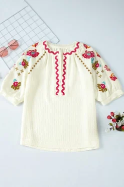 Hot Dear-Lover Floral Embroidered Ricrac Puff Sleeve Textured Blouse Beige