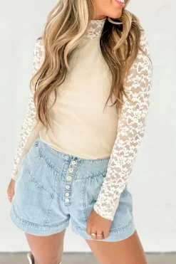 Best Dear-Lover Floral Lace Patchwork Long Sleeve High Neck Slim Top Beige