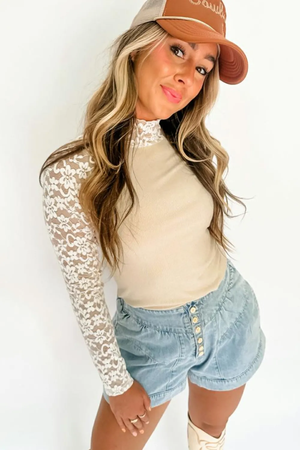 Best Dear-Lover Floral Lace Patchwork Long Sleeve High Neck Slim Top Beige