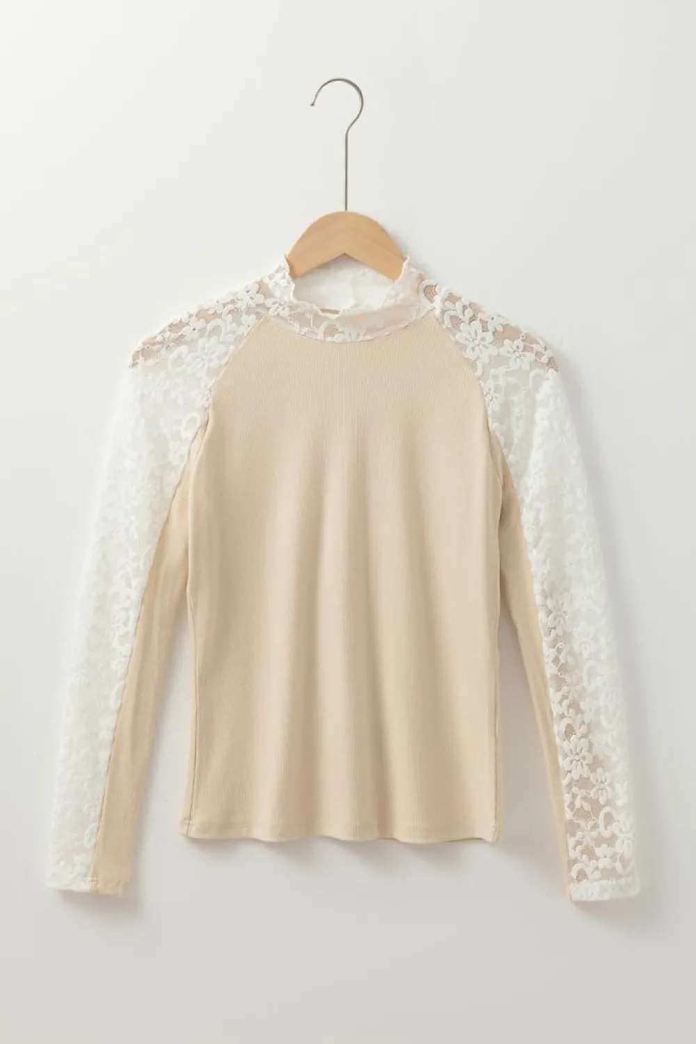 Best Dear-Lover Floral Lace Patchwork Long Sleeve High Neck Slim Top Beige