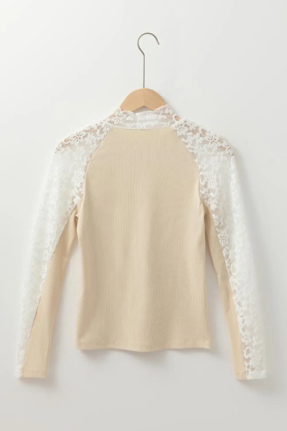 Best Dear-Lover Floral Lace Patchwork Long Sleeve High Neck Slim Top Beige