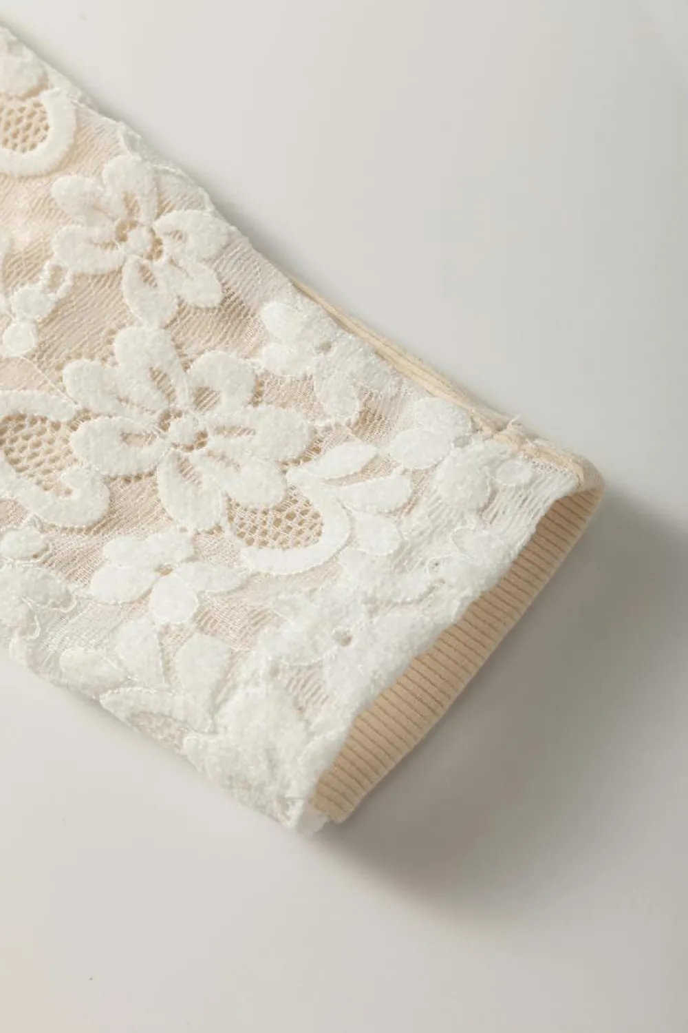 Best Dear-Lover Floral Lace Patchwork Long Sleeve High Neck Slim Top Beige