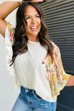 Best Dear-Lover Floral Patchwork Half Batwing Sleeve Blouse Beige