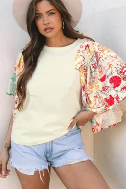 Best Dear-Lover Floral Patchwork Half Batwing Sleeve Blouse Beige