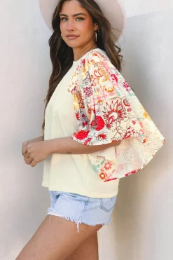 Best Dear-Lover Floral Patchwork Half Batwing Sleeve Blouse Beige