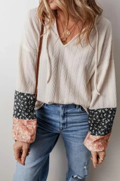 Outlet Dear-Lover Floral Patchwork Textured Knit Drawstring V Neck Blouse Beige
