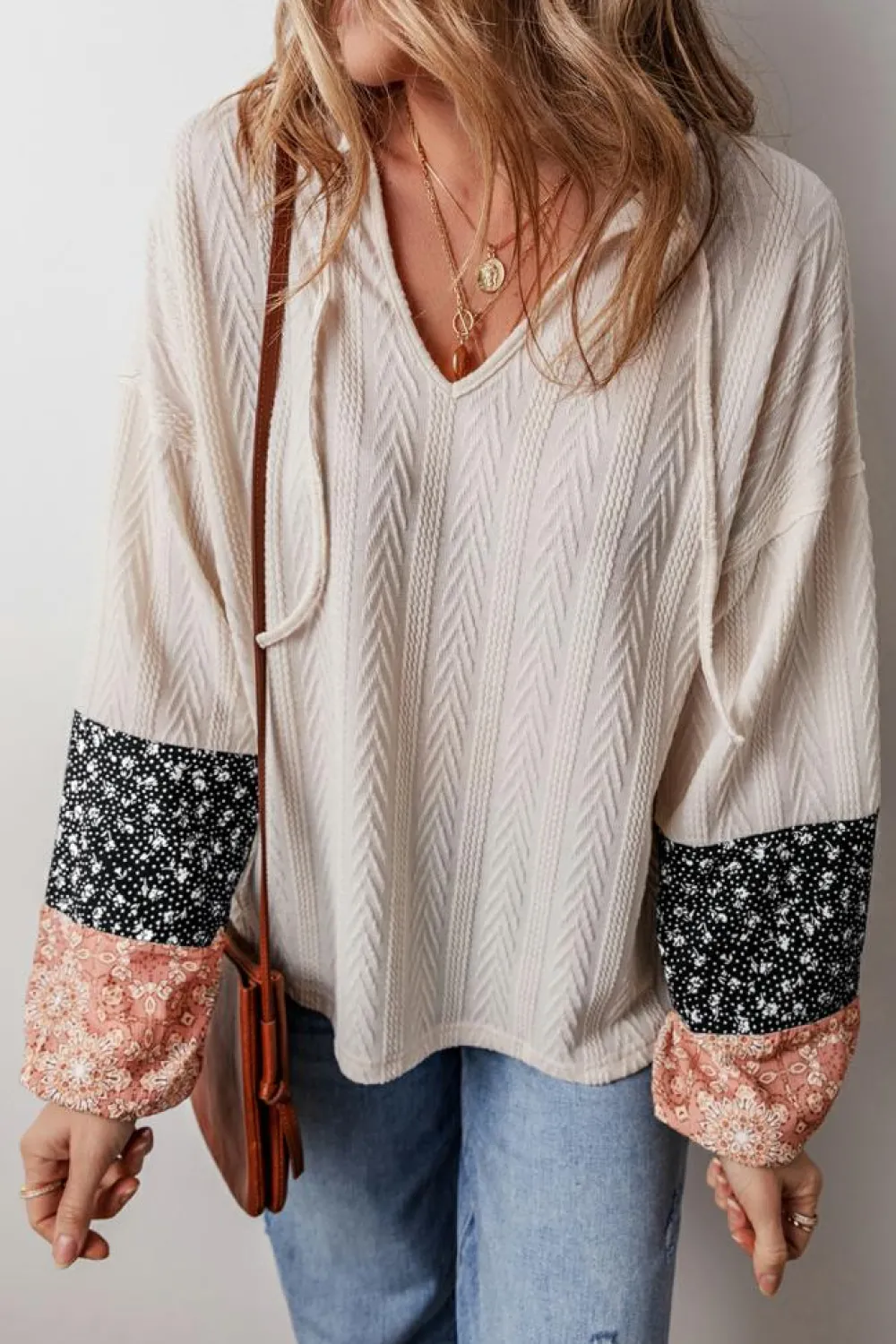 Outlet Dear-Lover Floral Patchwork Textured Knit Drawstring V Neck Blouse Beige