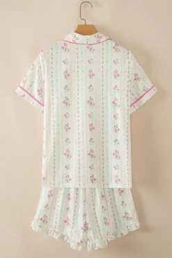 Discount Dear-Lover Floral Print Contrast Pipping Short Pajamas Set Beige