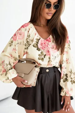 Best Dear-Lover Floral Print Lantern Sleeve V-Neck Blouse Beige