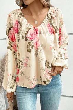 Best Dear-Lover Floral Print Lantern Sleeve V-Neck Blouse Beige
