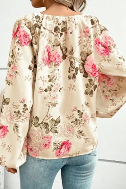 Best Dear-Lover Floral Print Lantern Sleeve V-Neck Blouse Beige