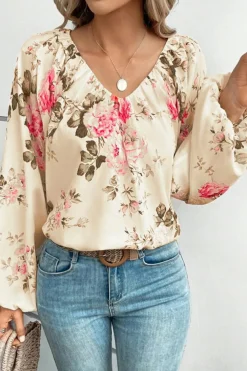Best Dear-Lover Floral Print Lantern Sleeve V-Neck Blouse Beige