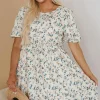 Best Dear-Lover Floral Puff Short Sleeve Empire Waist Mini Dress Beige