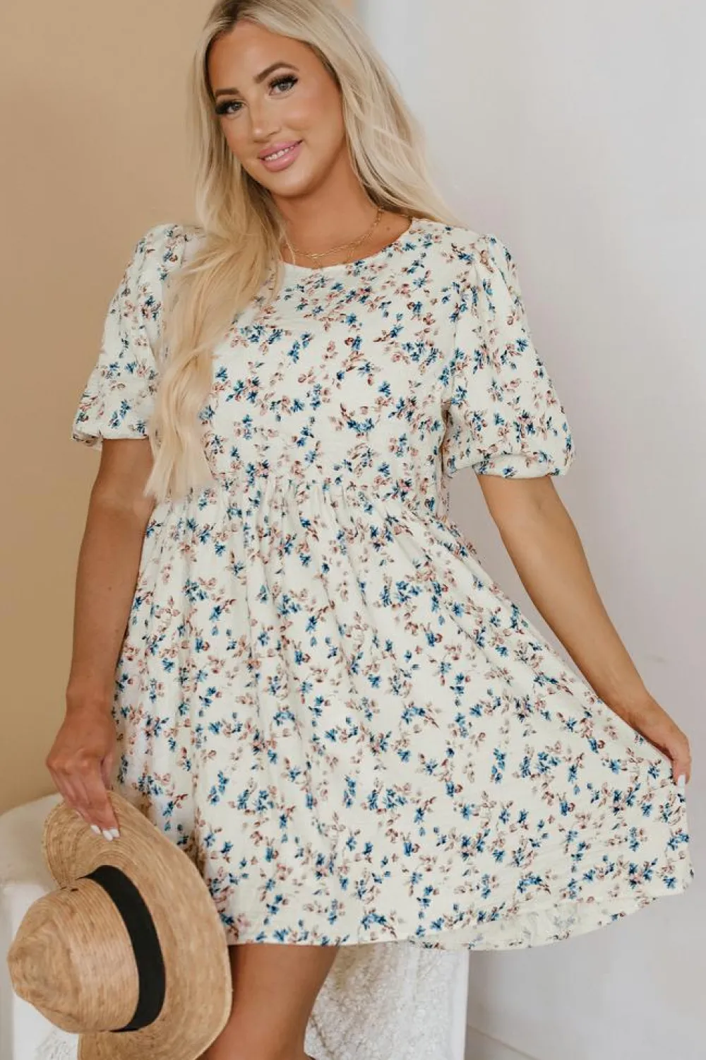 Best Dear-Lover Floral Puff Short Sleeve Empire Waist Mini Dress Beige
