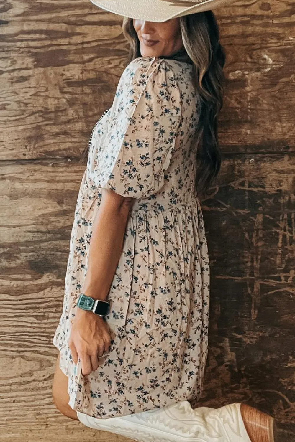 Best Dear-Lover Floral Puff Short Sleeve Empire Waist Mini Dress Beige