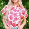 Best Dear-Lover Floral Puff Sleeve Frilled Neckline Blouse Beige