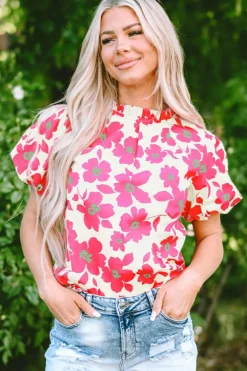 Best Dear-Lover Floral Puff Sleeve Frilled Neckline Blouse Beige