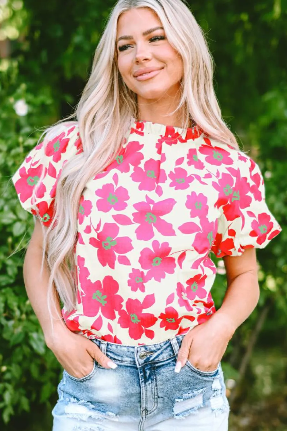 Best Dear-Lover Floral Puff Sleeve Frilled Neckline Blouse Beige