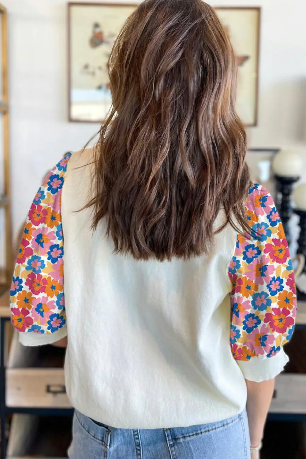 Best Dear-Lover Floral Puff Sleeve Patchwork Round Neck Top Beige