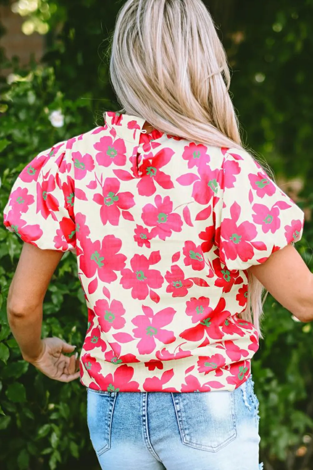 Best Dear-Lover Floral Puff Sleeve Frilled Neckline Blouse Beige