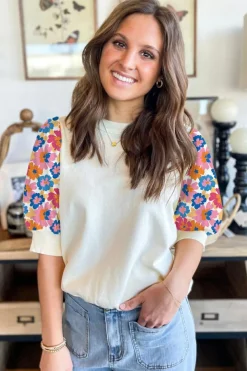 Best Dear-Lover Floral Puff Sleeve Patchwork Round Neck Top Beige