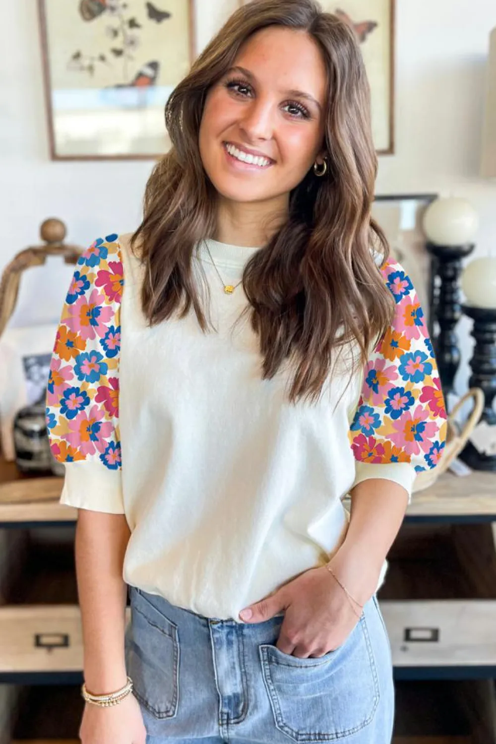 Best Dear-Lover Floral Puff Sleeve Patchwork Round Neck Top Beige