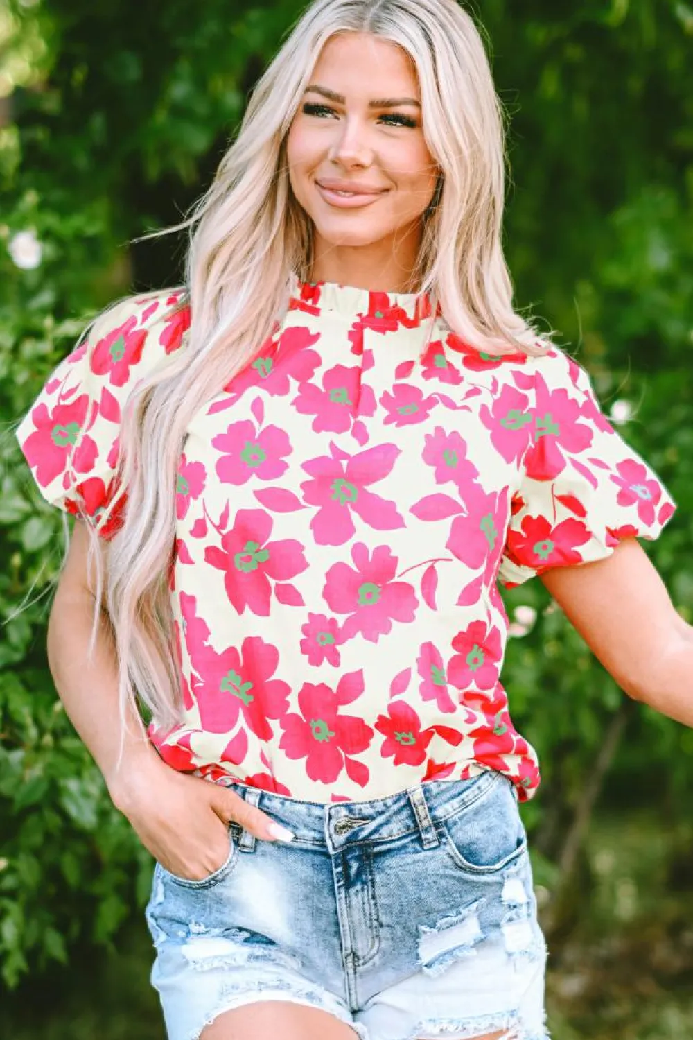 Best Dear-Lover Floral Puff Sleeve Frilled Neckline Blouse Beige