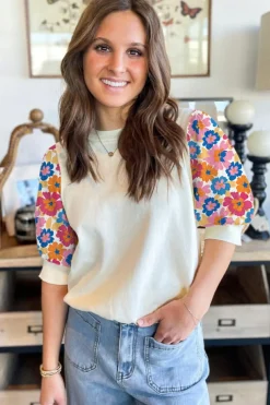 Best Dear-Lover Floral Puff Sleeve Patchwork Round Neck Top Beige