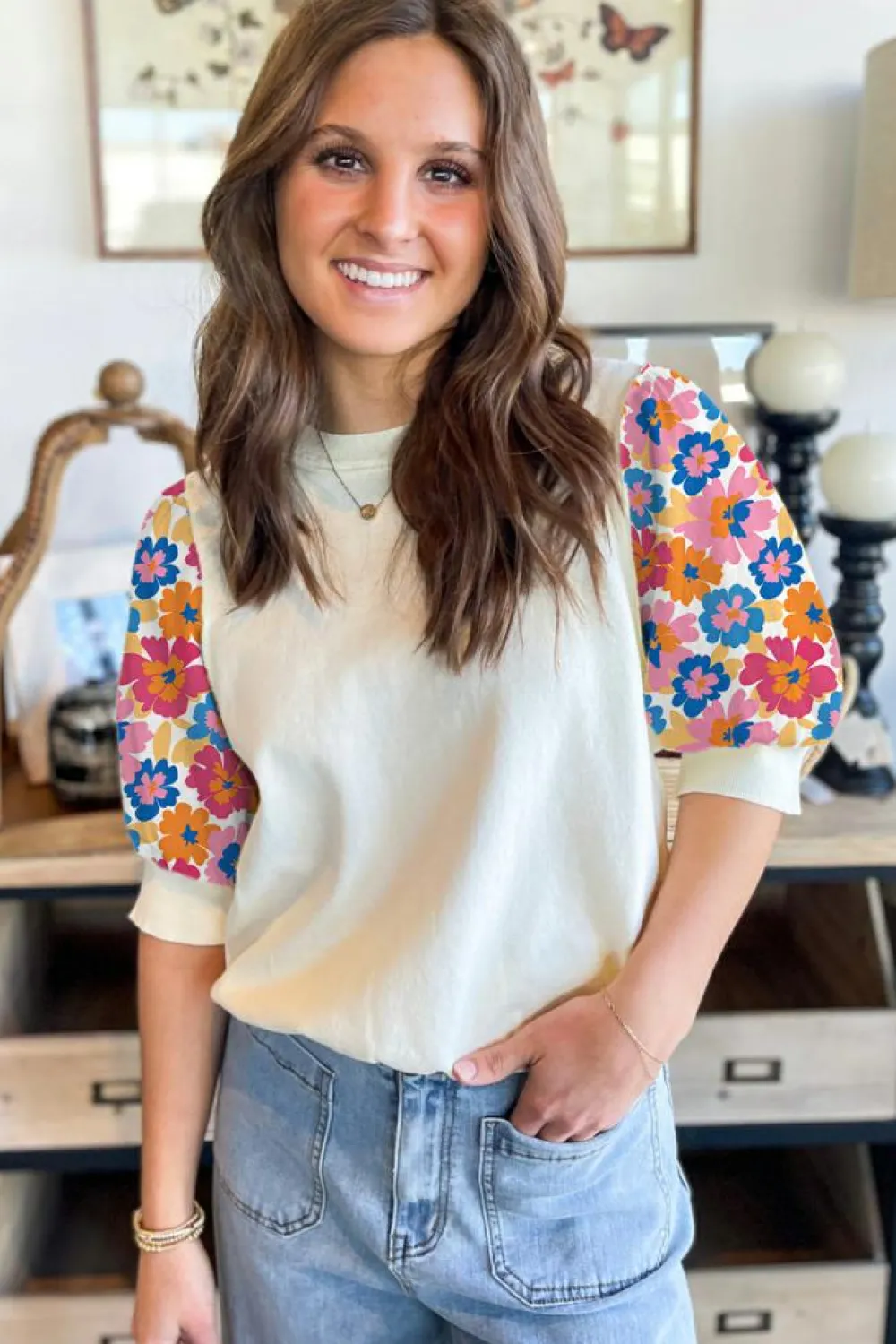 Best Dear-Lover Floral Puff Sleeve Patchwork Round Neck Top Beige