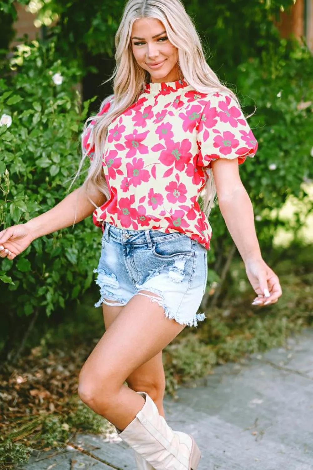 Best Dear-Lover Floral Puff Sleeve Frilled Neckline Blouse Beige