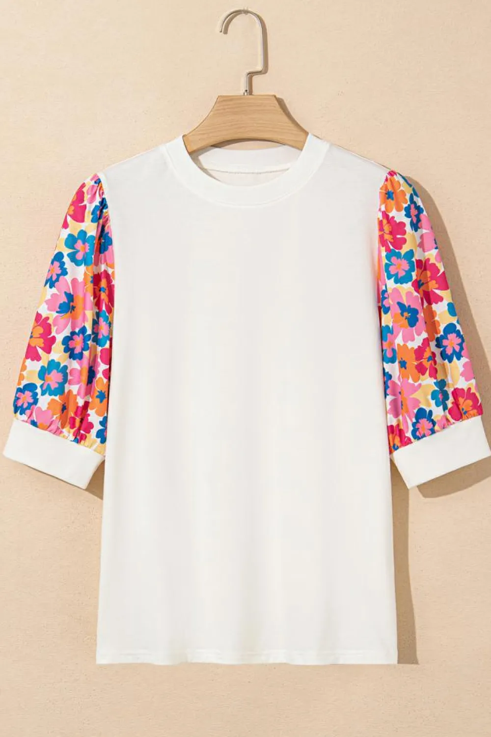 Best Dear-Lover Floral Puff Sleeve Patchwork Round Neck Top Beige