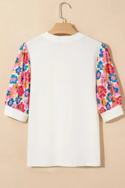 Best Dear-Lover Floral Puff Sleeve Patchwork Round Neck Top Beige