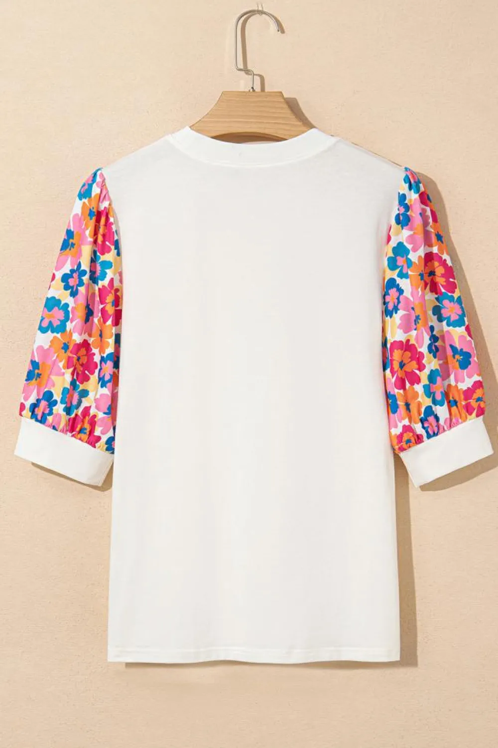 Best Dear-Lover Floral Puff Sleeve Patchwork Round Neck Top Beige