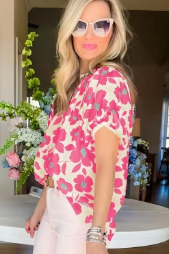 Best Dear-Lover Floral Puff Sleeve Frilled Neckline Blouse Beige