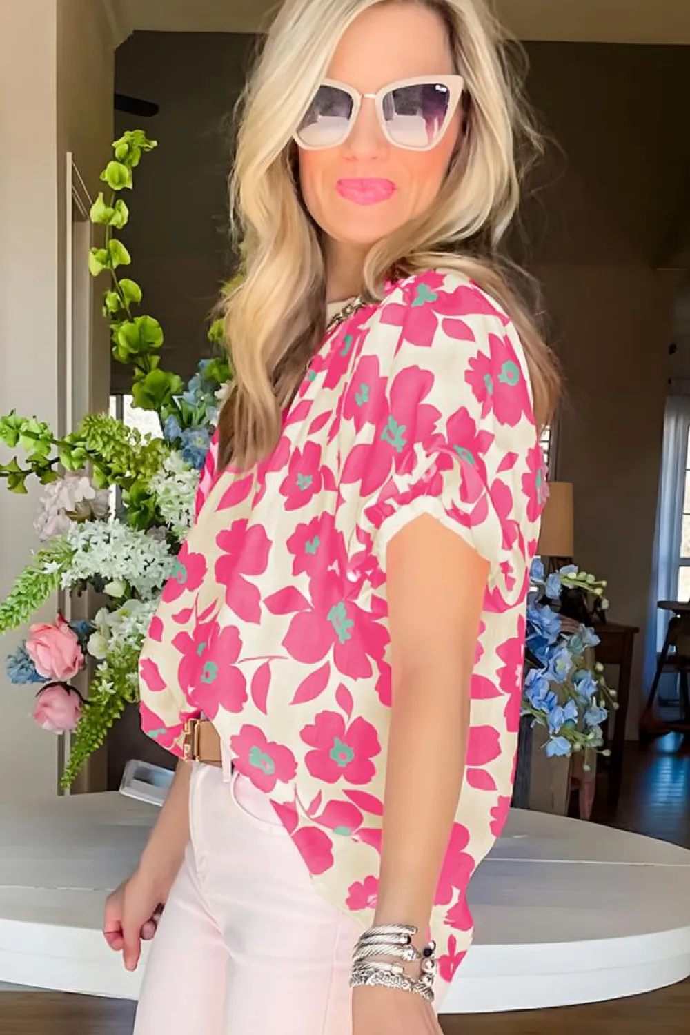 Best Dear-Lover Floral Puff Sleeve Frilled Neckline Blouse Beige