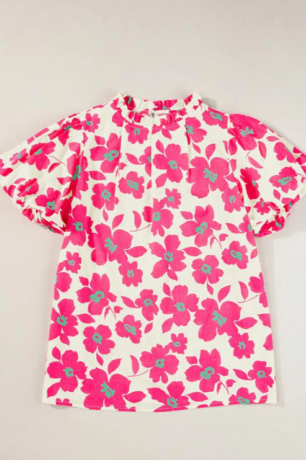 Best Dear-Lover Floral Puff Sleeve Frilled Neckline Blouse Beige