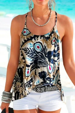 Outlet Dear-Lover Floral Spaghetti Straps Strappy Back Tank Top Beige