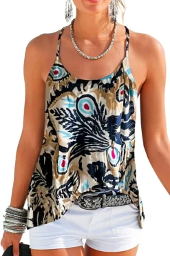 Outlet Dear-Lover Floral Spaghetti Straps Strappy Back Tank Top Beige