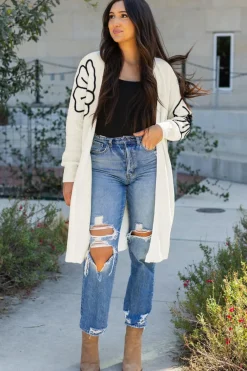 Discount Dear-Lover Flower Embroidered Drop Shoulder Open Front Duster Cardigan Beige