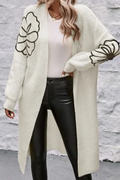 Discount Dear-Lover Flower Embroidered Drop Shoulder Open Front Duster Cardigan Beige