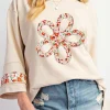 Online Dear-Lover Flower Patch Graphic Exposed Seam Wide Sleeve Top Beige