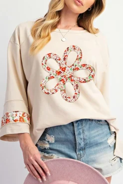 Online Dear-Lover Flower Patch Graphic Exposed Seam Wide Sleeve Top Beige
