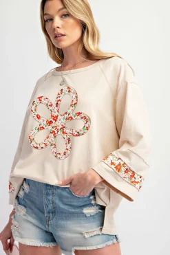 Online Dear-Lover Flower Patch Graphic Exposed Seam Wide Sleeve Top Beige