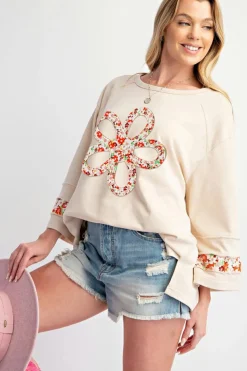 Online Dear-Lover Flower Patch Graphic Exposed Seam Wide Sleeve Top Beige
