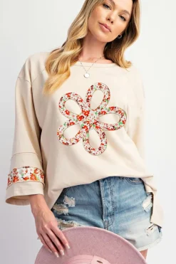 Online Dear-Lover Flower Patch Graphic Exposed Seam Wide Sleeve Top Beige